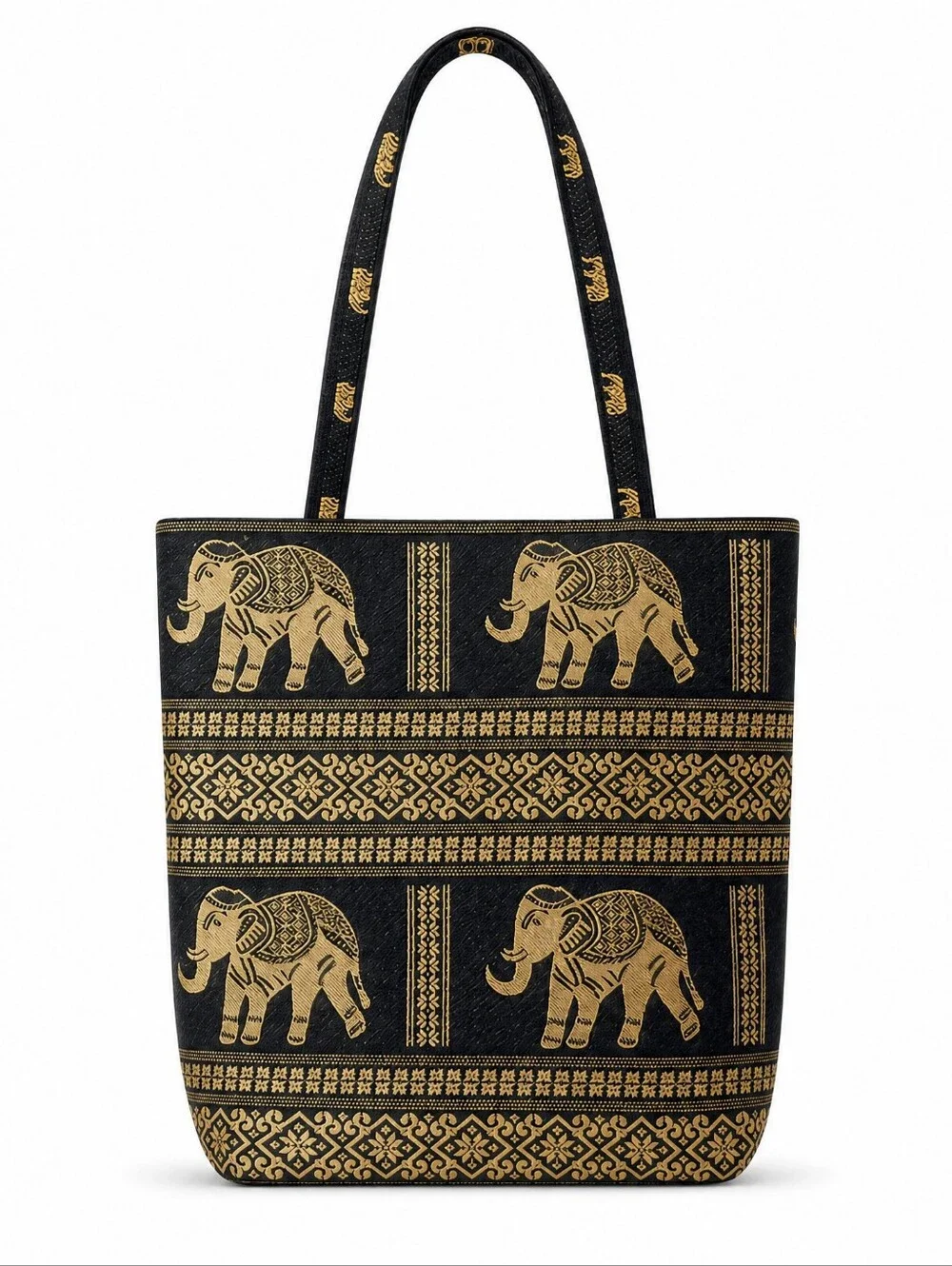 NEW Black & Gold Elephant Print Handbag Tote 12